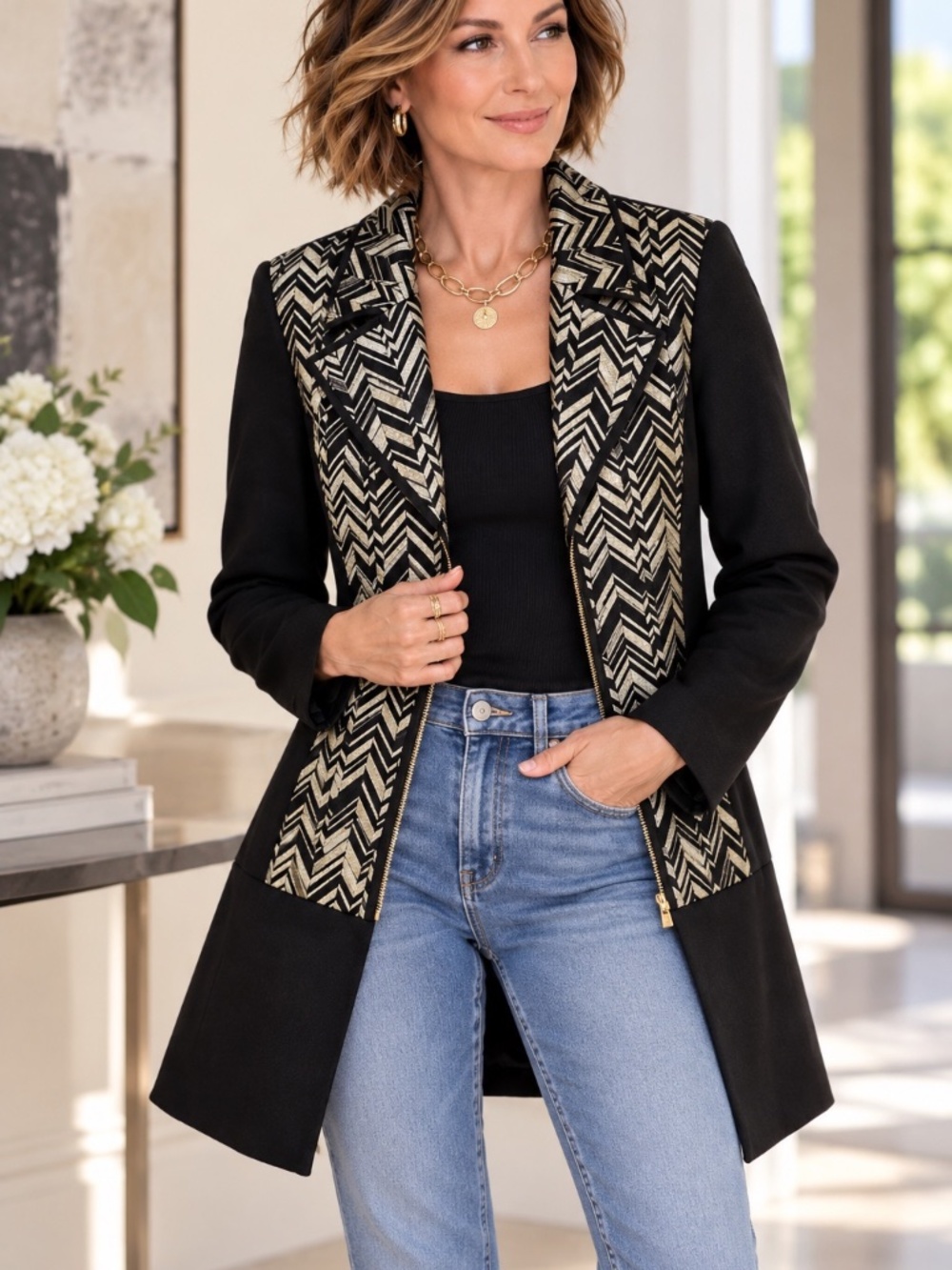 Frank Lyman Black Gold Metallic Chevron Jacket Size 6 - Picture 9 of 9